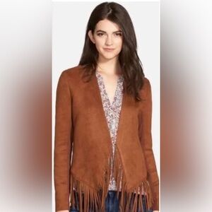 Hinge Faux Suede Fringe Brown Jacket Boho Western Festival Cowgirl long sleeve